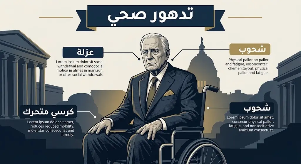 تصميم إنفوجرافيك يوضح المشاهدات الميدانية لتدهور الحالة الصحية للسيناتور ميتش ماكونيل وظهوره على كرسي متحرك.
