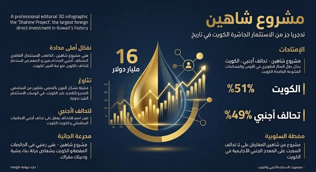 إنفوجرافيك مالي احترافي يوضح تفاصيل مشروع شاهين، مبرزاً حجم الاستثمار البالغ 16 مليار دولار وتوزيع حصص الملكية بين الكويت والتحالف الأجنبي.