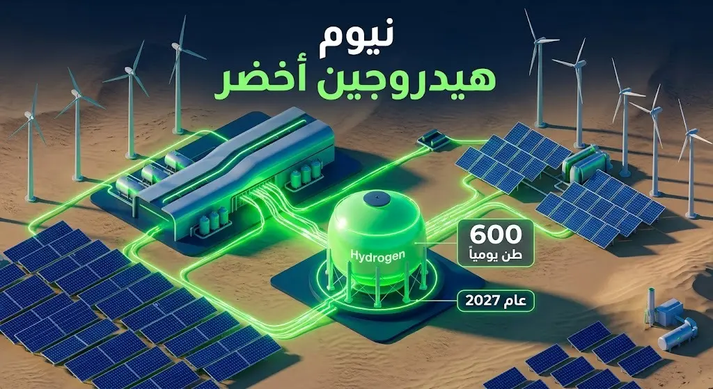 إنفوجرافيك ثلاثي الأبعاد يوضح تصميم مشروع نيوم لإنتاج الهيدروجين الأخضر باستخدام الطاقة المتجددة مع أرقام ونصوص توضيحية.