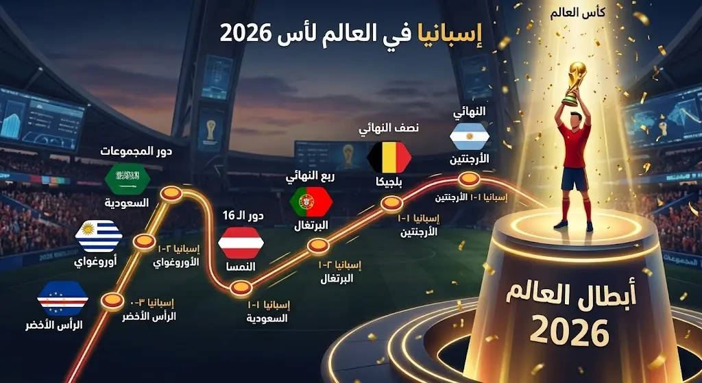 إنفوجرافيك يستعرض مسيرة المنتخب الإسباني في كأس العالم 2026 منذ دور المجموعات وحتى المباراة النهائية