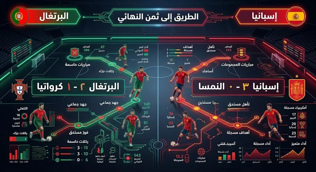 إنفوجرافيك رياضي يقارن بين نتائج إسبانيا والبرتغال في طريقهما للتأهل إلى دور الـ16 من كأس العالم.