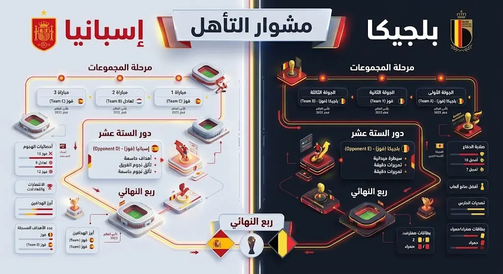 إنفوجرافيك يوضح مسار منتخبي إسبانيا وبلجيكا في كأس العالم 2026 وصولاً إلى الدور ربع النهائي