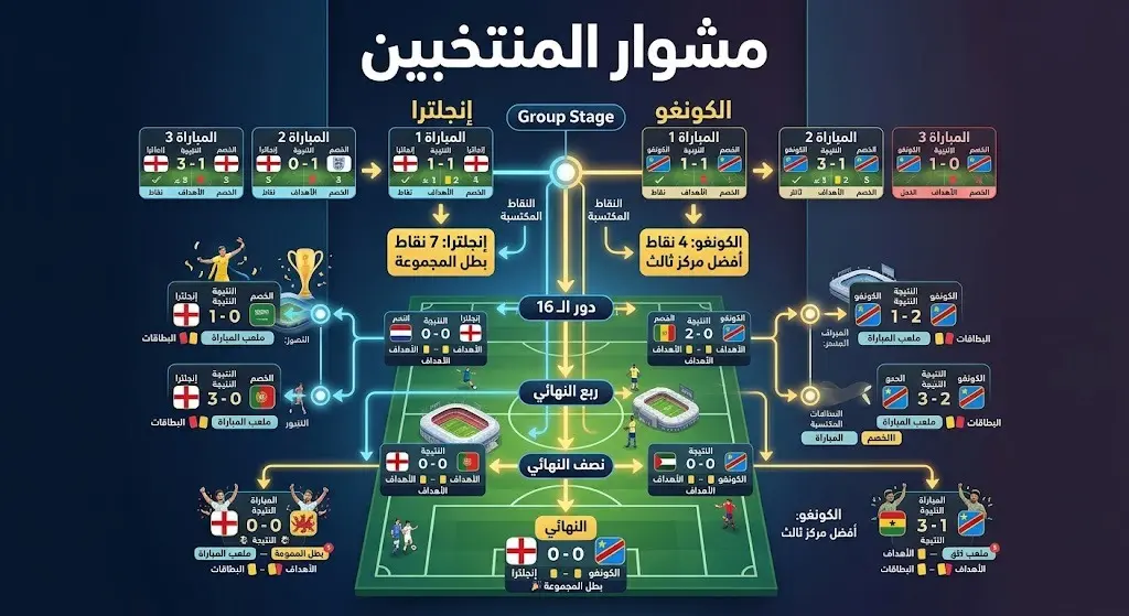 إنفوجرافيك يستعرض نقاط ومسار منتخبي إنجلترا والكونغو الديمقراطية خلال دور المجموعات