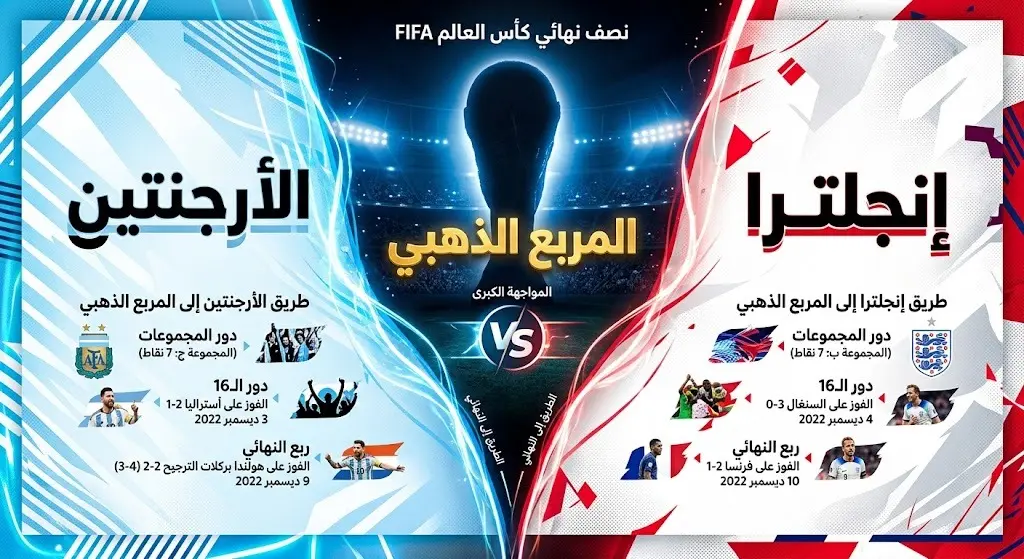 تصميم بصري درامي يستعرض طريق منتخبي الأرجنتين وإنجلترا نحو نصف نهائي كأس العالم 2026.