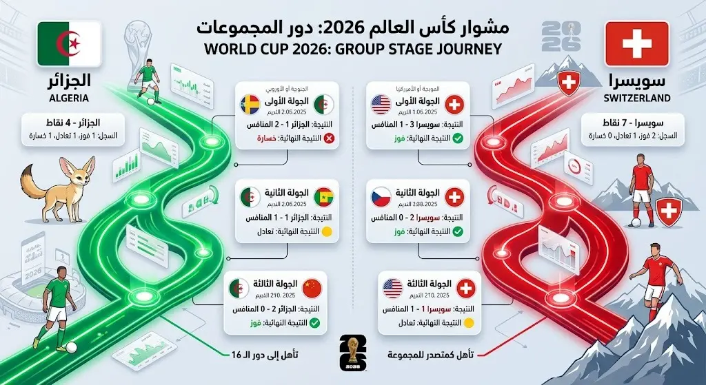 إنفوجرافيك يوضح مسار ونتائج منتخبي الجزائر وسويسرا في دور المجموعات لكأس العالم 2026