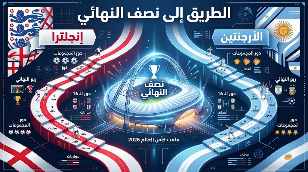 إنفوجرافيك يوضح مشوار منتخبي إنجلترا والأرجنتين في كأس العالم 2026 منذ دور المجموعات حتى الوصول إلى نصف النهائي.