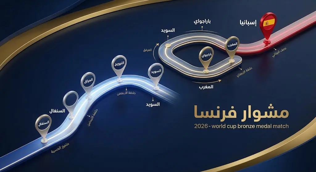 إنفوجرافيك زمني يوضح مسار المنتخب الفرنسي في بطولة كأس العالم 2026 والمحطات التي مر بها حتى مباراة الميدالية البرونزية.