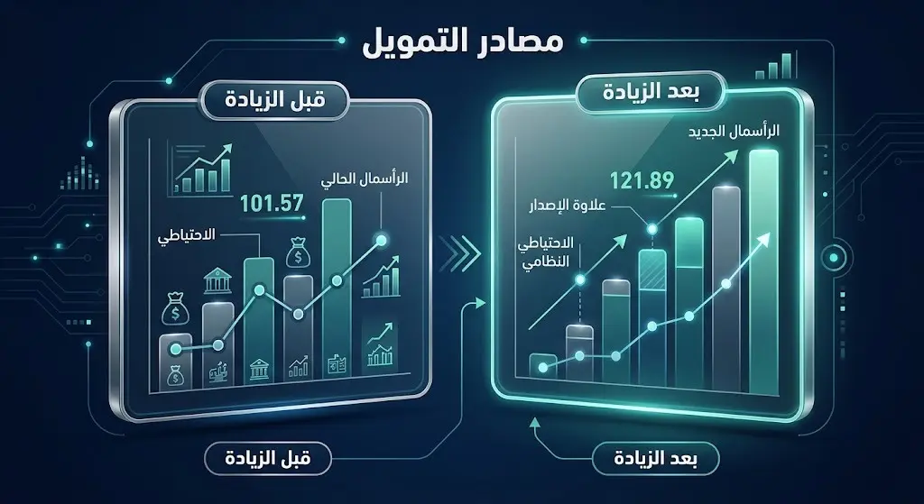 رسم بياني مفصل يقارن بين رأس مال وعدد أسهم شركة دله الصحية قبل وبعد الزيادة مع توضيح مصادر التمويل.