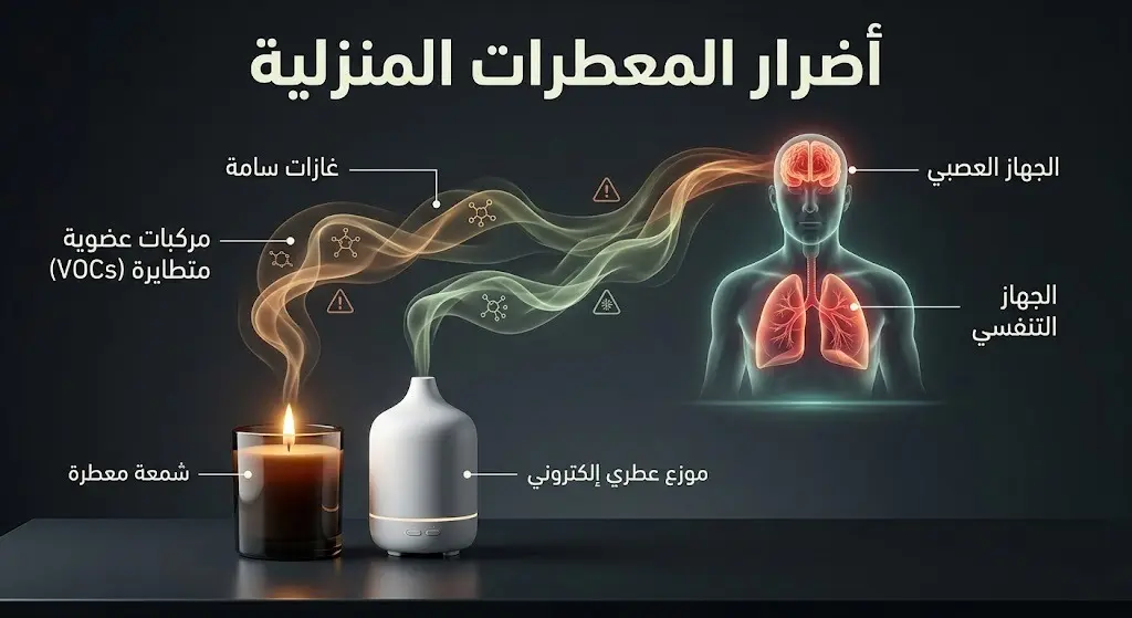 رسم بياني توضيحي يبرز انبعاث الغازات السامة من الشموع المعطرة والفواحات واستهدافها المباشر لخلايا الرئتين والدماغ.