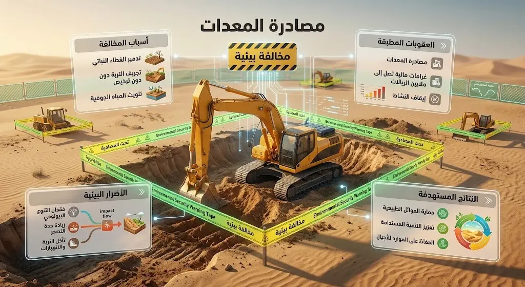 مشهد تعبيري يوضح مصادرة معدات ثقيلة تستخدم في تجريف التربة ضمن بيئة صحراوية مع إشارات تحذيرية للأمن البيئي.