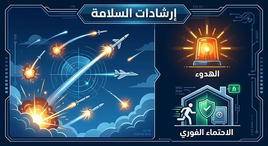 تصميم يوضح مصدر الانفجارات في السماء نتيجة الاعتراضات الجوية مرفقاً برموز إرشادات السلامة والإنذار.