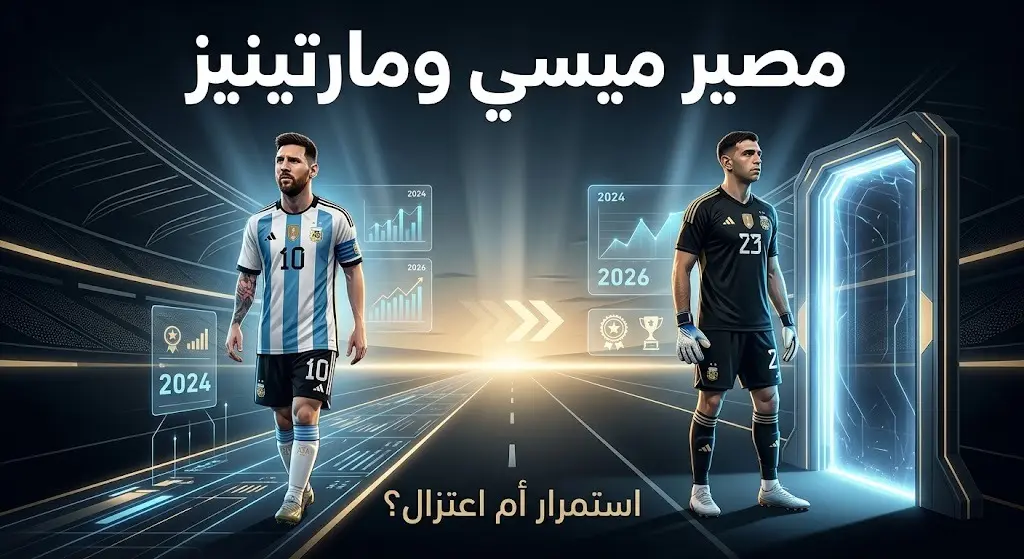 تصميم إنفوجرافيك رياضي احترافي يجمع بين ليونيل ميسي وإيميليانو مارتينيز مع نصوص عربية تتساءل عن مستقبلهما الدولي.