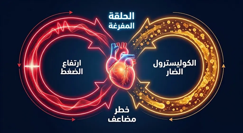 تصميم بصري يعبر عن الحلقة المفرغة بين الكوليسترول وارتفاع ضغط الدم وتأثيرهما المزدوج والمدمر على صحة القلب والأوعية الدموية.