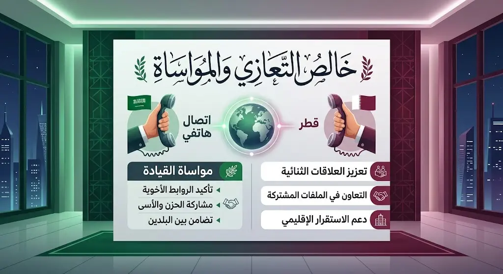 تصميم إنفوجرافيك يعبر عن الاتصال الهاتفي والمواساة بين القيادتين السعودية والقطرية، مع إبراز رمزي للبلدين.