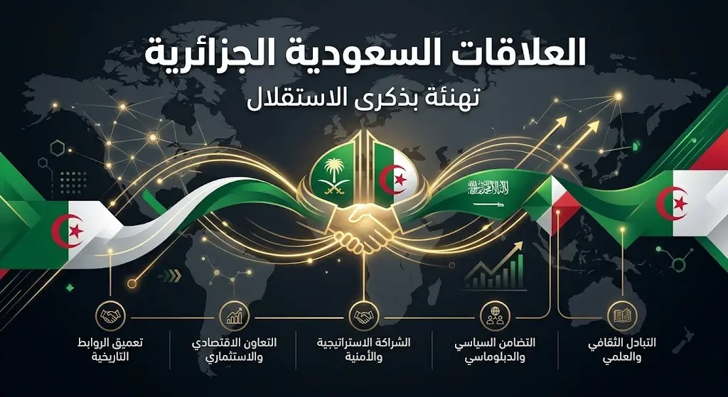 تصميم إنفوجرافيك يبرز متانة العلاقات الثنائية بين المملكة العربية السعودية والجزائر بمناسبة ذكرى الاستقلال.