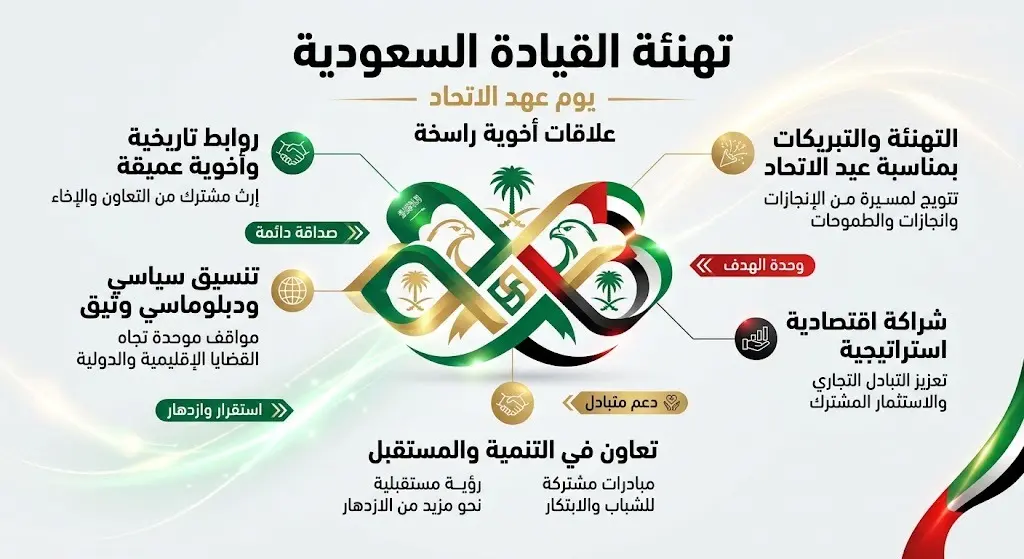 تصميم بصري يبرز تهنئة القيادة السعودية لدولة الإمارات بمناسبة يوم عهد الاتحاد وتأكيد عمق العلاقات الأخوية.