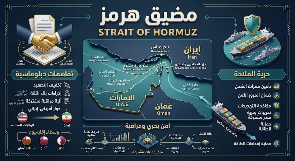 إنفوجرافيك احترافي يوضح موقع مضيق هرمز وأهمية حرية الملاحة بالتزامن مع التفاهمات الدبلوماسية.