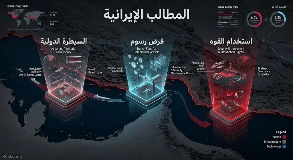 تصميم إنفوجرافيك يستعرض المطالب الإيرانية الثلاثة في مضيق هرمز: السيطرة على المضيق، فرض رسوم على السفن، والتلويح باستخدام القوة العسكرية.