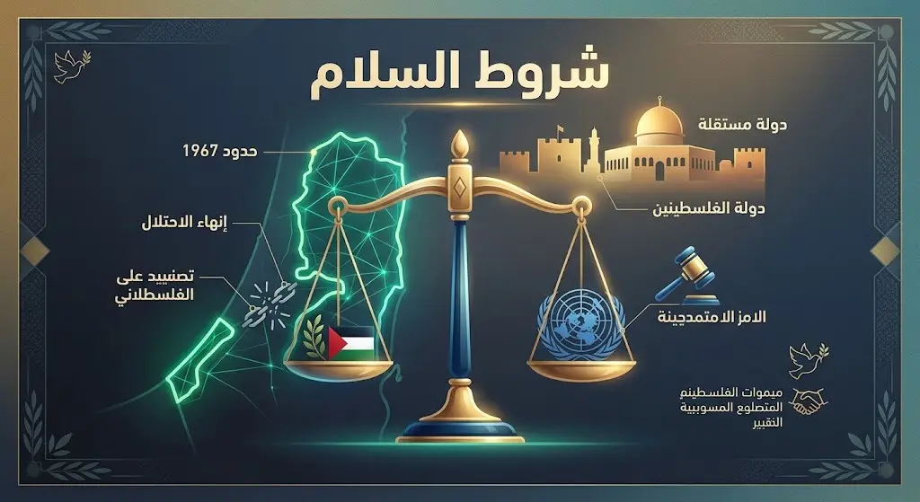 تصميم تحريري إبداعي يجسد شروط السلام العادل المتمثلة في حدود عام 1967 وإنهاء الاحتلال مع نصوص عربية صحيحة تبرز هذه المطالب.