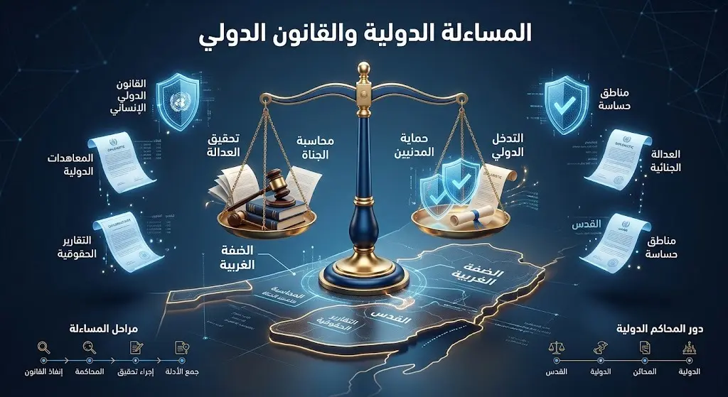 تصميم تعبيري وإنفوجرافيك يجسد ميزان العدالة والقانون الدولي فوق خريطة الضفة الغربية، مع نصوص عربية تطالب بالمساءلة وتوفير الحماية.