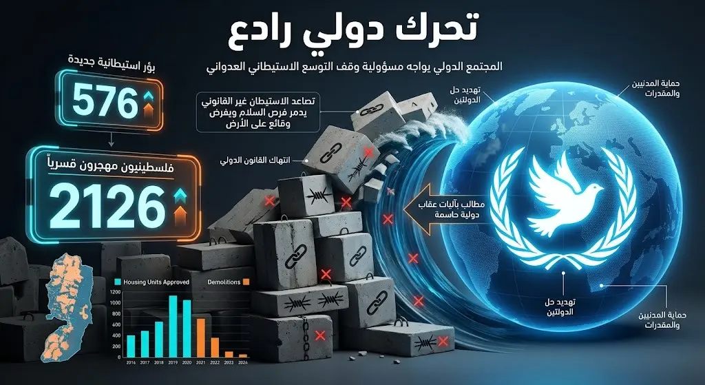 إنفوجرافيك يبرز التوسع الاستيطاني بالأرقام والمطالبة بتدخل المجتمع الدولي لوقف هذا التصعيد الميداني.