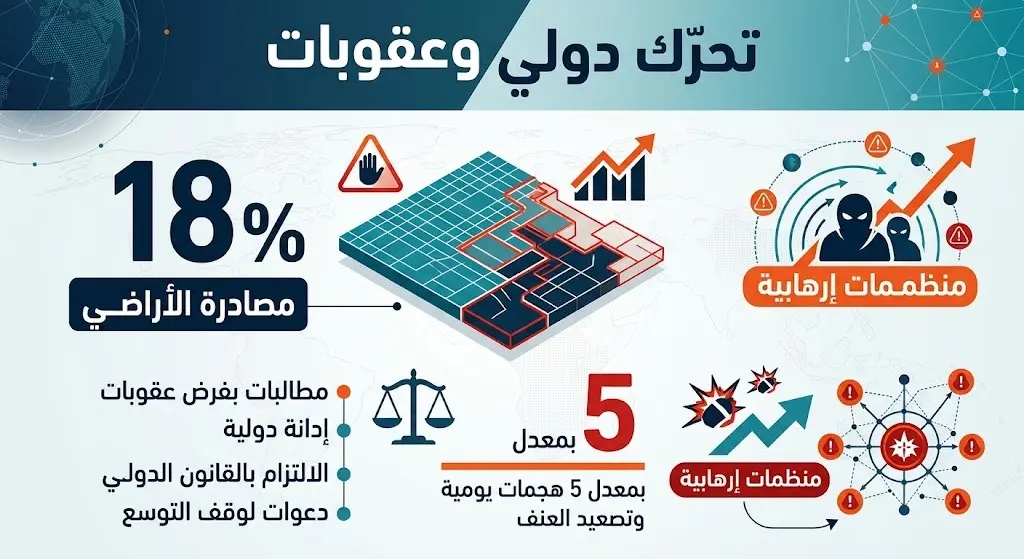 إنفوجرافيك احترافي يبرز بالأرقام نسبة السيطرة على الأراضي بـ 18% ومعدل الاعتداءات اليومية، مع رموز تعبر عن المطالبة بالعقوبات الدولية.