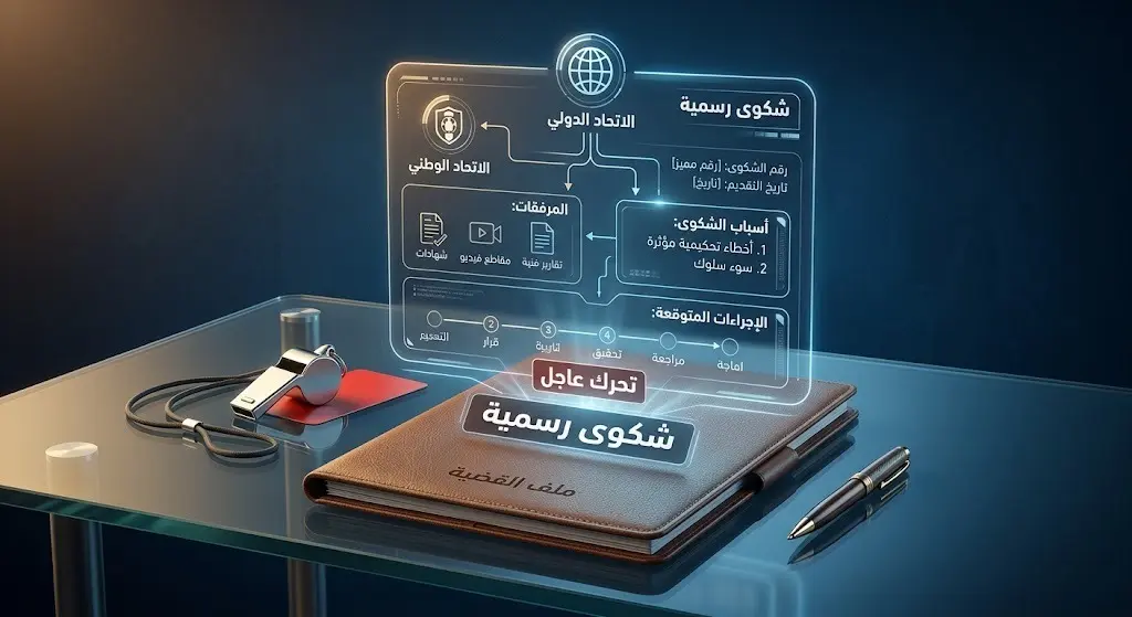 تصميم إبداعي يمثل ملف شكوى رسمية مضاء بتقنية رقمية بجواره صافرة حكم، يرمز للمطالبات الموجهة للاتحاد المصري.