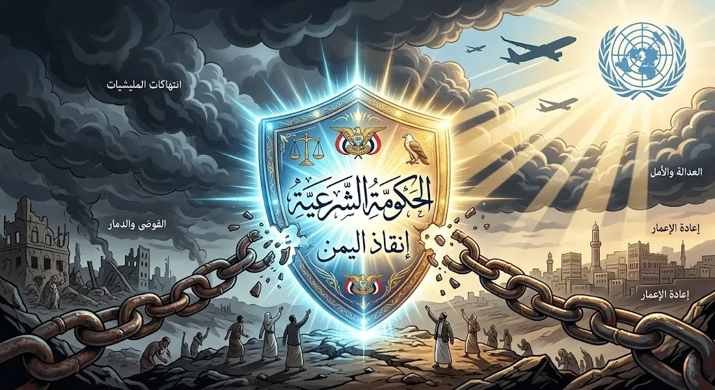 رسم تعبيري يجسد مطالبة الشعب اليمني بتدخل الحكومة الشرعية لكسر قيود الميليشيات وحماية المدنيين.