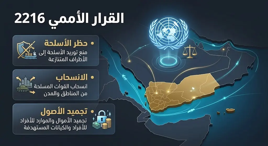 إنفوجرافيك سياسي يستعرض أبرز بنود قرار مجلس الأمن رقم 2216 والمطالبات الدولية بتطبيقه.