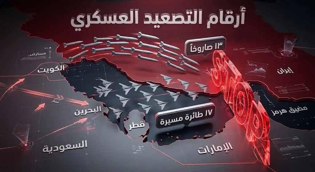 إنفوجرافيك إخباري يستعرض حجم التصعيد العسكري الأخير بـ 13 صاروخاً و17 طائرة مسيرة استهدفت دولاً خليجية