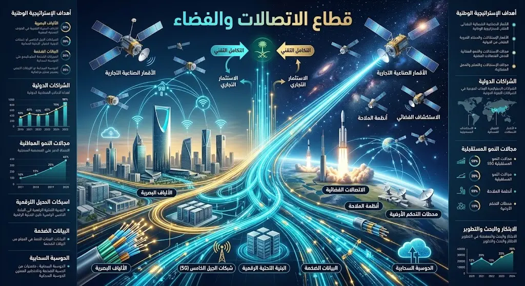 تصميم فني يدمج بين شبكات الألياف البصرية وتقنيات الفضاء، يعبر عن القرارات التنظيمية لتطوير قطاعي الاتصالات والفضاء في السعودية.