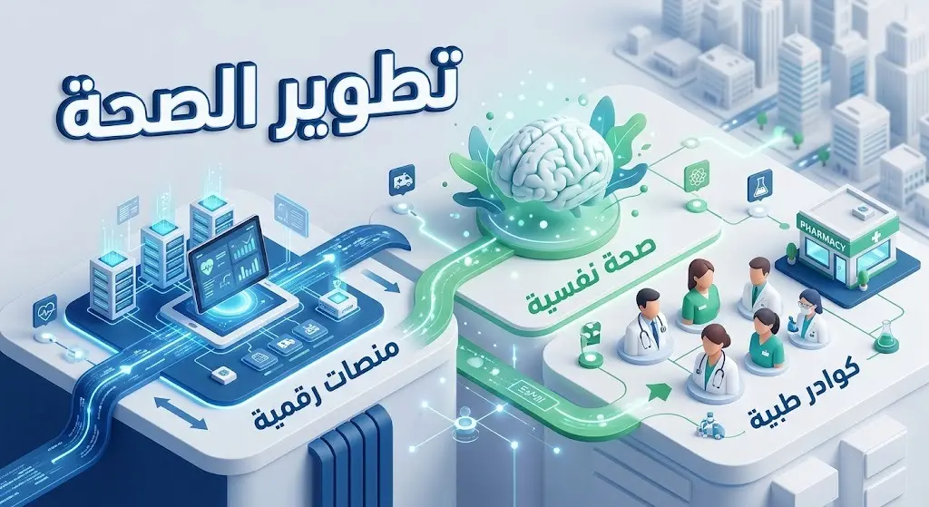 تصميم إنفوجرافيك احترافي يعكس مطالبات مجلس الشورى لتطوير القطاع الصحي، موضحاً مجالات الصحة النفسية، الكوادر الطبية، والمنصات الرقمية بأسلوب بصري حديث.