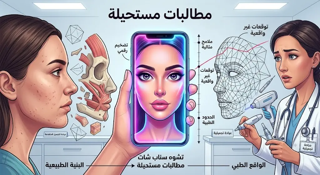 رسم تعبيري يصور مراجعا في عيادة تجميل يطالب بملامح مطابقة لصورته المعدلة بالفلاتر، مما يشكل تحديا طبيا مستحيلا.