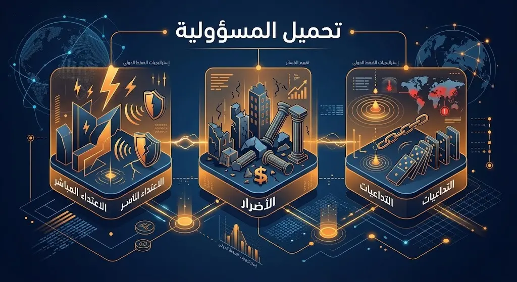 تصميم بصري حديث يعرض المسارات الثلاثة للمسؤولية التي حملتها الدوحة لطهران إثر الاعتداءات البحرية.
