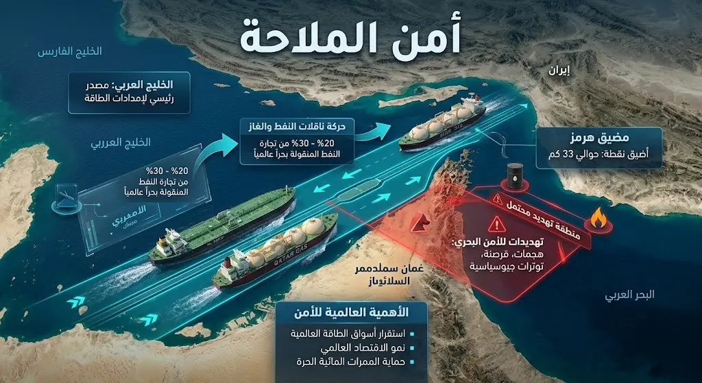 إنفوجرافيك ثلاثي الأبعاد يعرض أهمية أمن الممرات الاستراتيجية وحماية إمدادات الطاقة العالمية من التهديدات الملاحية.
