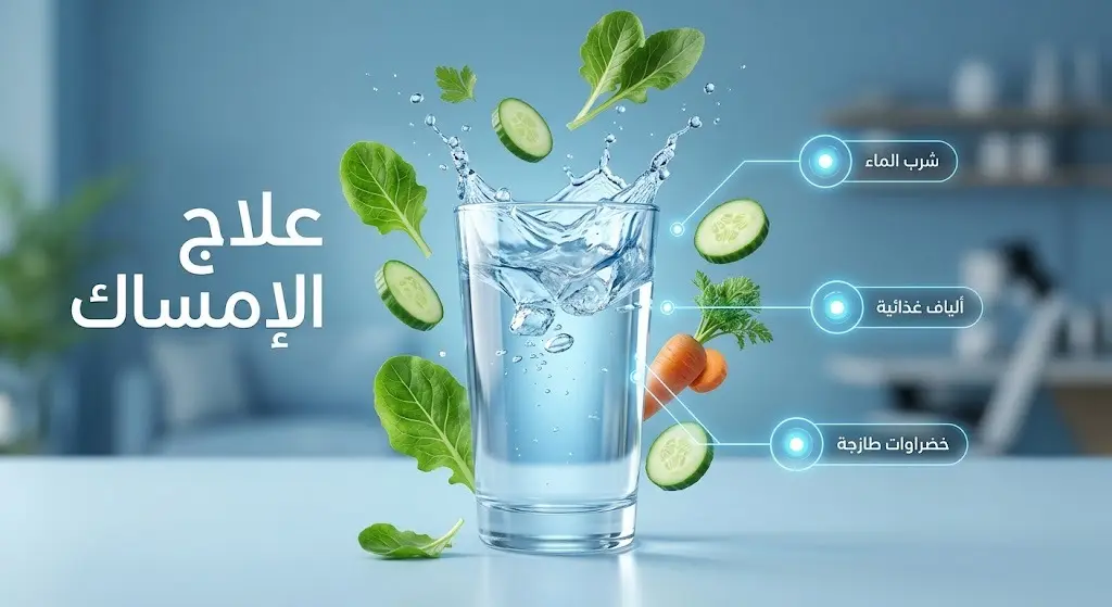 تصميم طبي يبرز أهمية شرب الماء وتناول الألياف والخضراوات كحلول فورية وطبيعية لعلاج الإمساك.