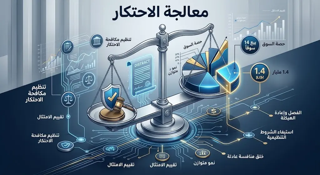 تصميم بياني يعبر عن الإجراءات التنظيمية واستيفاء اشتراطات مكافحة الاحتكار عبر بيع الأصول في 14 سوقاً مختلفاً.