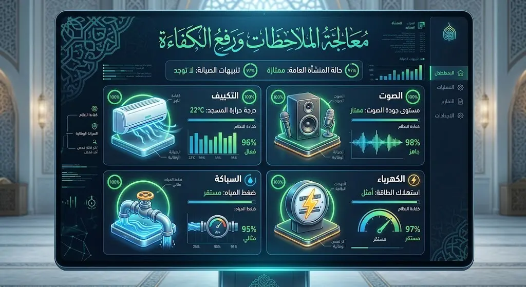 لوحة بيانات ذكية وتفاعلية تستعرض مؤشرات فحص وصيانة مرافق المساجد كالتكييف والصوت والسباكة لرفع كفاءتها التشغيلية.