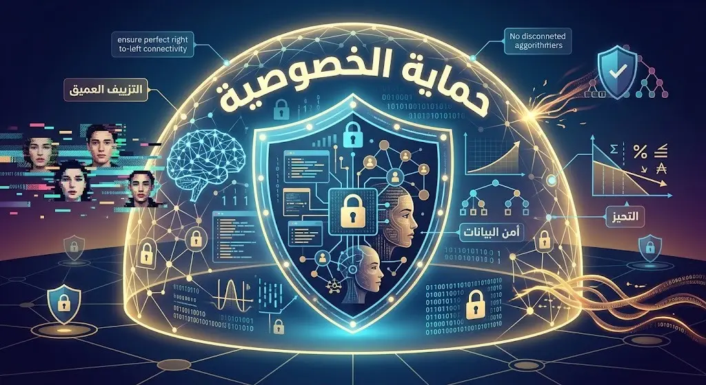 تصميم تعبيري يظهر درعاً رقمياً متطوراً يحمي بيانات المستخدمين وهوياتهم من مخاطر الذكاء الاصطناعي مثل التزييف العميق والتحيز.