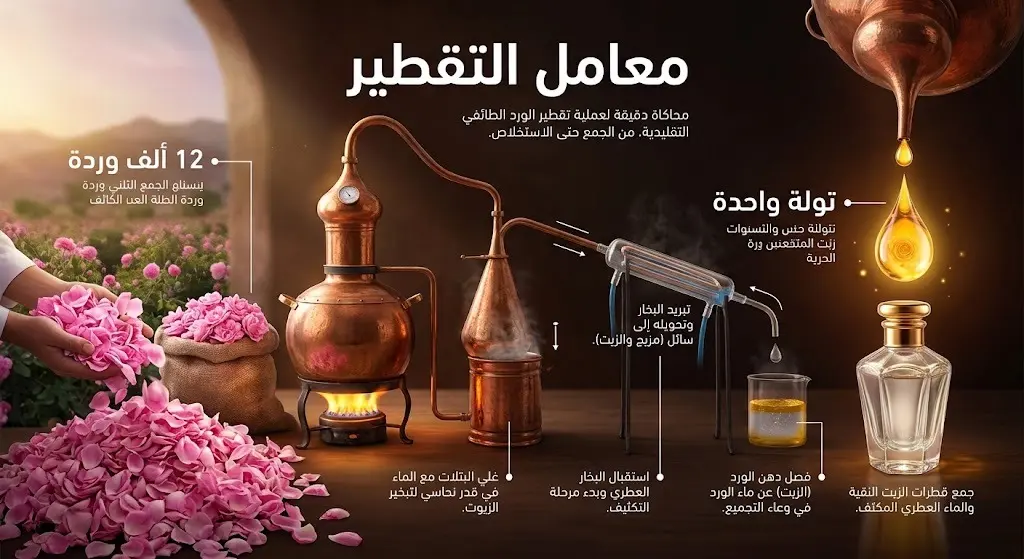 تصميم فني يستعرض معامل التقطير التقليدية للورد الطائفي والمعدات الكلاسيكية لاستخراج دهن الورد الأصلي.