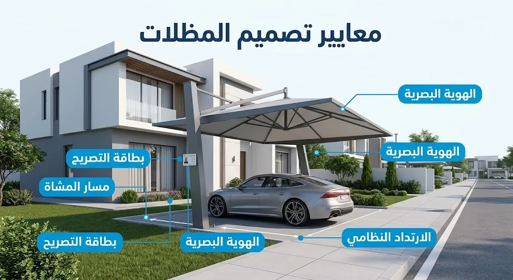 إنفوجرافيك معماري ثلاثي الأبعاد يوضح المعايير الفنية والاشتراطات لتصميم مظلات السيارات الخارجية، مبرزاً مسارات المشاة، الارتدادات النظامية، وبطاقة التصريح.