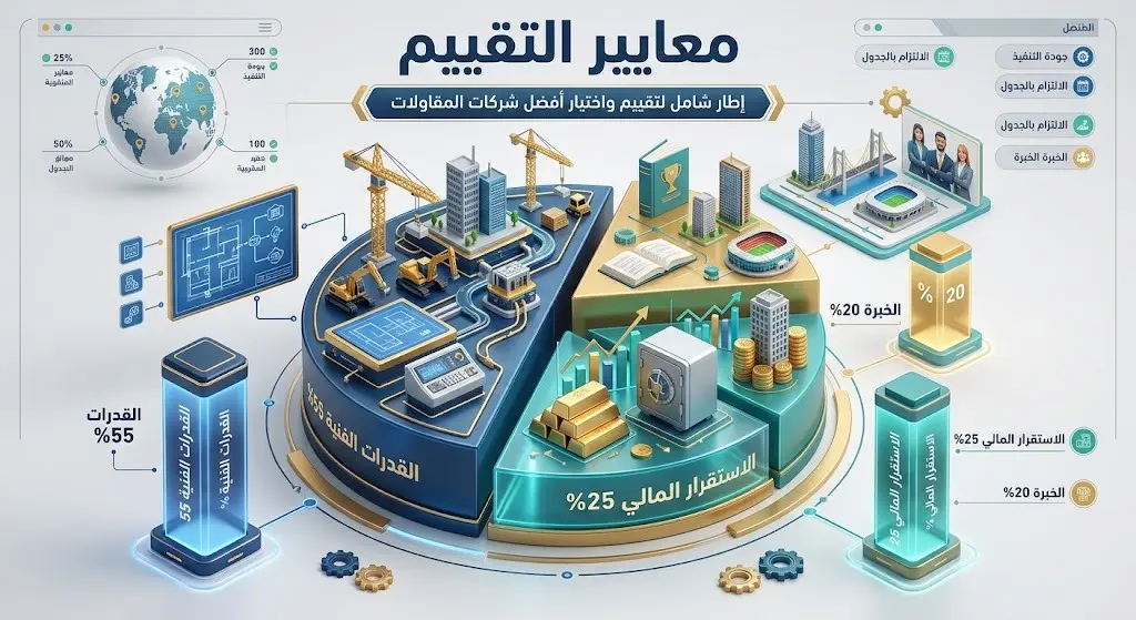 إنفوجرافيك احترافي ثلاثي الأبعاد يستعرض أوزان معايير تقييم المقاولين: 55% للقدرات الفنية، 25% للاستقرار المالي، و20% للخبرة المهنية.