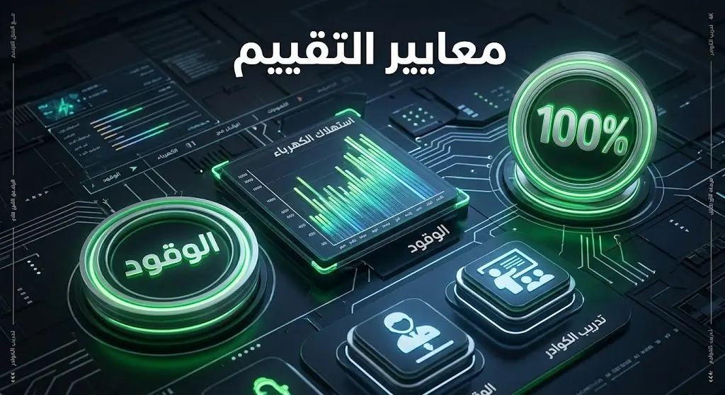 إنفوجرافيك عصري ثلاثي الأبعاد يبرز معايير التقييم التي حققت من خلالها الجامعة نسبة 100٪ في كفاءة الطاقة