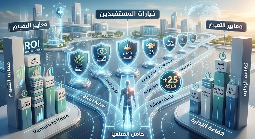 رسم تعبيري بياني يستعرض خيارات المستفيدين المتعددة في سوق التأمين الصحي ووجود أكثر من 25 شركة متاحة.
