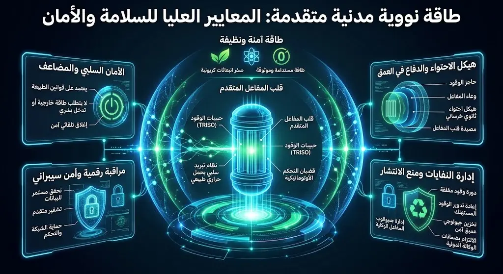 تصميم إبداعي يدمج بين التكنولوجيا النووية المدنية المتقدمة ورموز الأمان والسلامة الرقمية.
