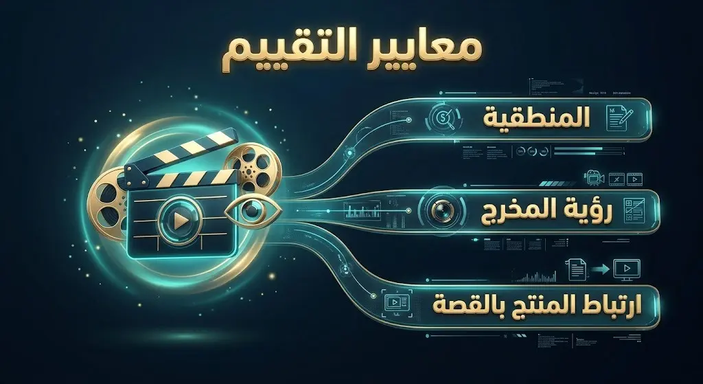 إنفوجرافيك إبداعي حديث يستعرض المعايير الثلاثة لتقييم المشاريع السينمائية: المنطقية، ورؤية المخرج، وارتباط المنتج بالقصة.