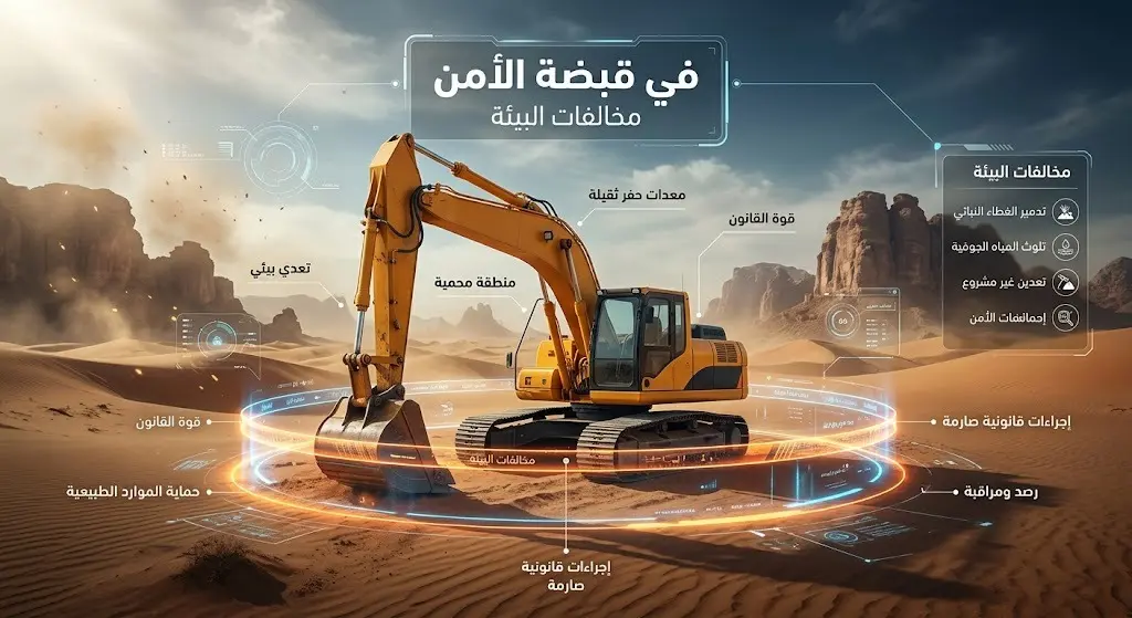 صورة تعبيرية لمعدة تجريف تربة ثقيلة متوقفة وعليها طابع أمني كدليل على ضبطها من قبل القوات الخاصة للأمن البيئي.