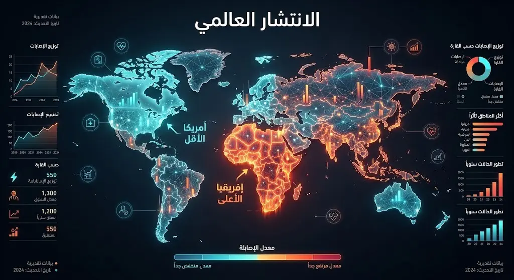 خريطة عالمية بيانية تظهر تفاوت نسب انتشار جرثومة المعدة، مبرزة قارة إفريقيا كأعلى نسبة وأمريكا الشمالية كأقل نسبة.