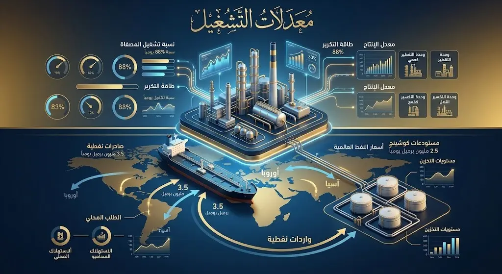 إنفوجرافيك احترافي يوضح تراجع مخزونات النفط في كوشينج وتغيرات حركة الصادرات والواردات مع انخفاض معدلات تشغيل المصافي.