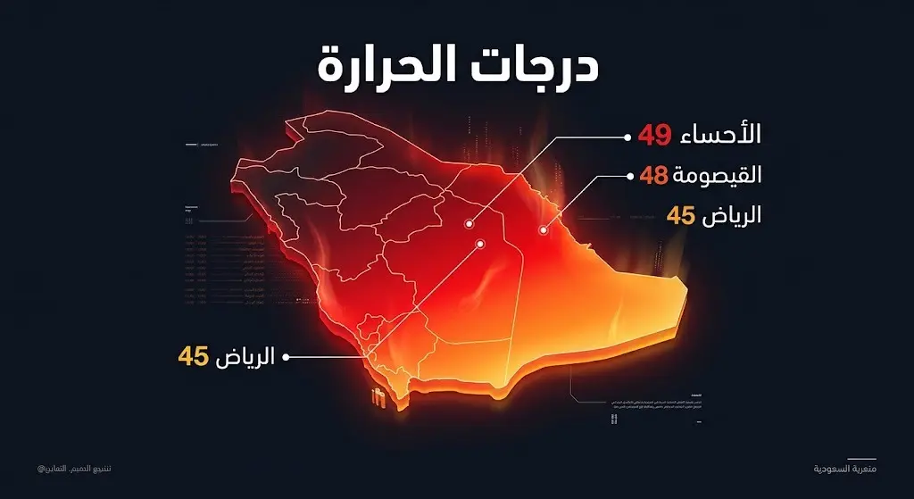 إنفوجرافيك يوضح درجات الحرارة العظمى المسجلة في مدن ومحافظات المملكة العربية السعودية، مسلطاً الضوء على تصدر الأحساء بـ 49 درجة مئوية.
